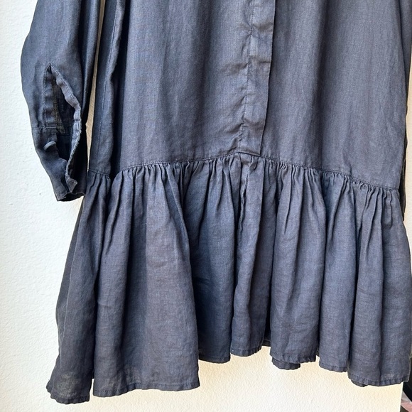 Morton Mac Black Linen Pleated Peplum Lotte Long Sleeve Shirt Dress OS - Picture 6 of 16